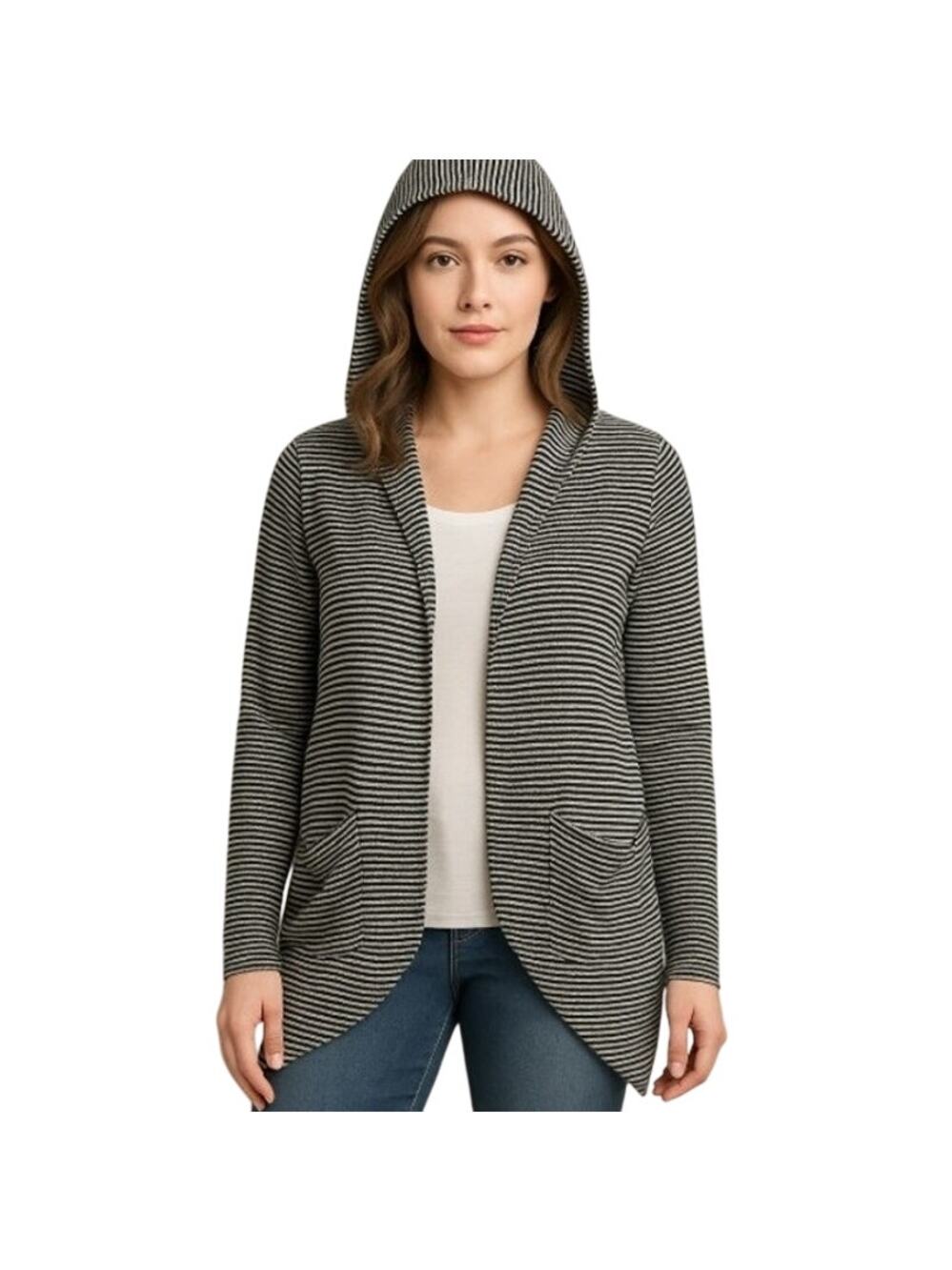Philosophy cardigan Sweater Coverup Hooded Black White Striped Women's Small P
